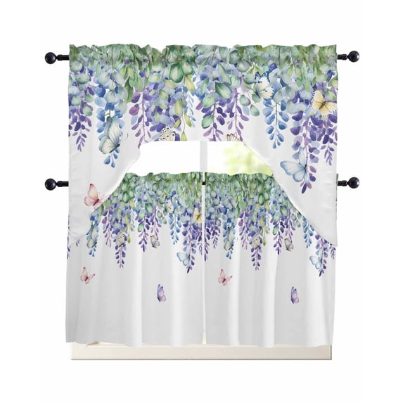 Wisteria Swag Kitchen Curtains Sets for Windows 24 Inch Length, Purple Flowers Leaves Butterflies Botanical Spring Short Window Curtain Swags Valances and Tiers 3 Piece Set for Cafe/Dining Room