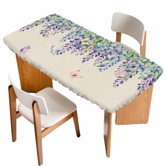 Wisteria Table Cloths for 4 Foot Rectangle Tables, Purple Flowers Leaves Butterflies Plants Spring Beige Patio Waterproof Elastic Fitted Tablecloths, Washable Rectangular Table Cover for Camping