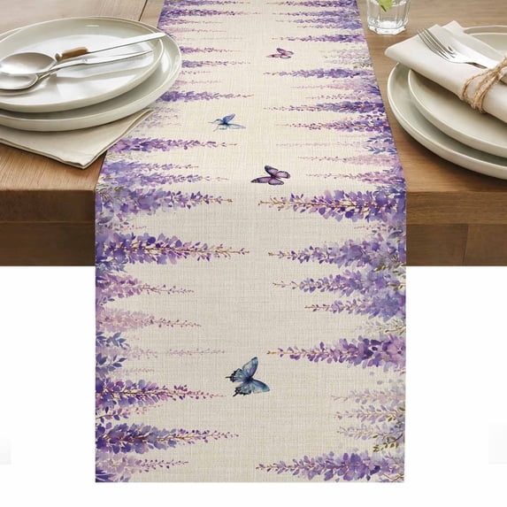 Wisteria Table Runner - 70 Inch Long, Kitchen Dining Table Runner Dresser Scarves, Spring Purple Flowers Butterflies Vintage Beige Farmhouse Decor for Coffee Tables Wedding Party Banquet