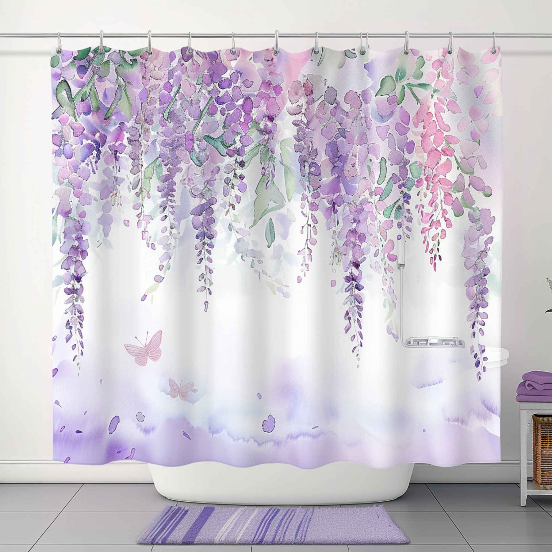 Wisteria and Flower Pastel Watercolor Shower Curtain Hyper Realistic