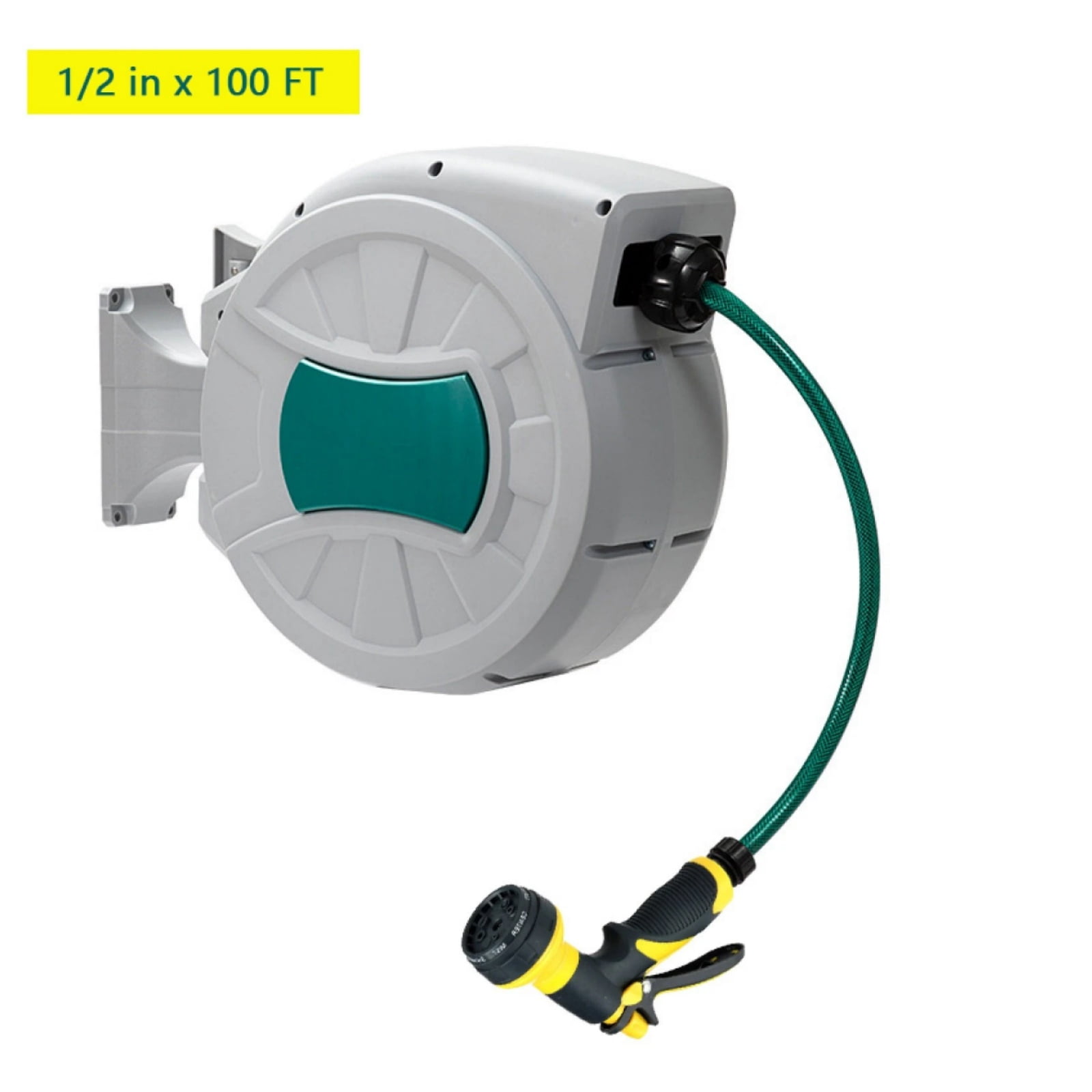 Wisykoke 1/2 in x 100 ft Retractable Garden Hose Reel, 180° Rotatable Wall-Mounted Water Hose Reel with 8-Pattern Spray Nozzle, Auto-Rewind