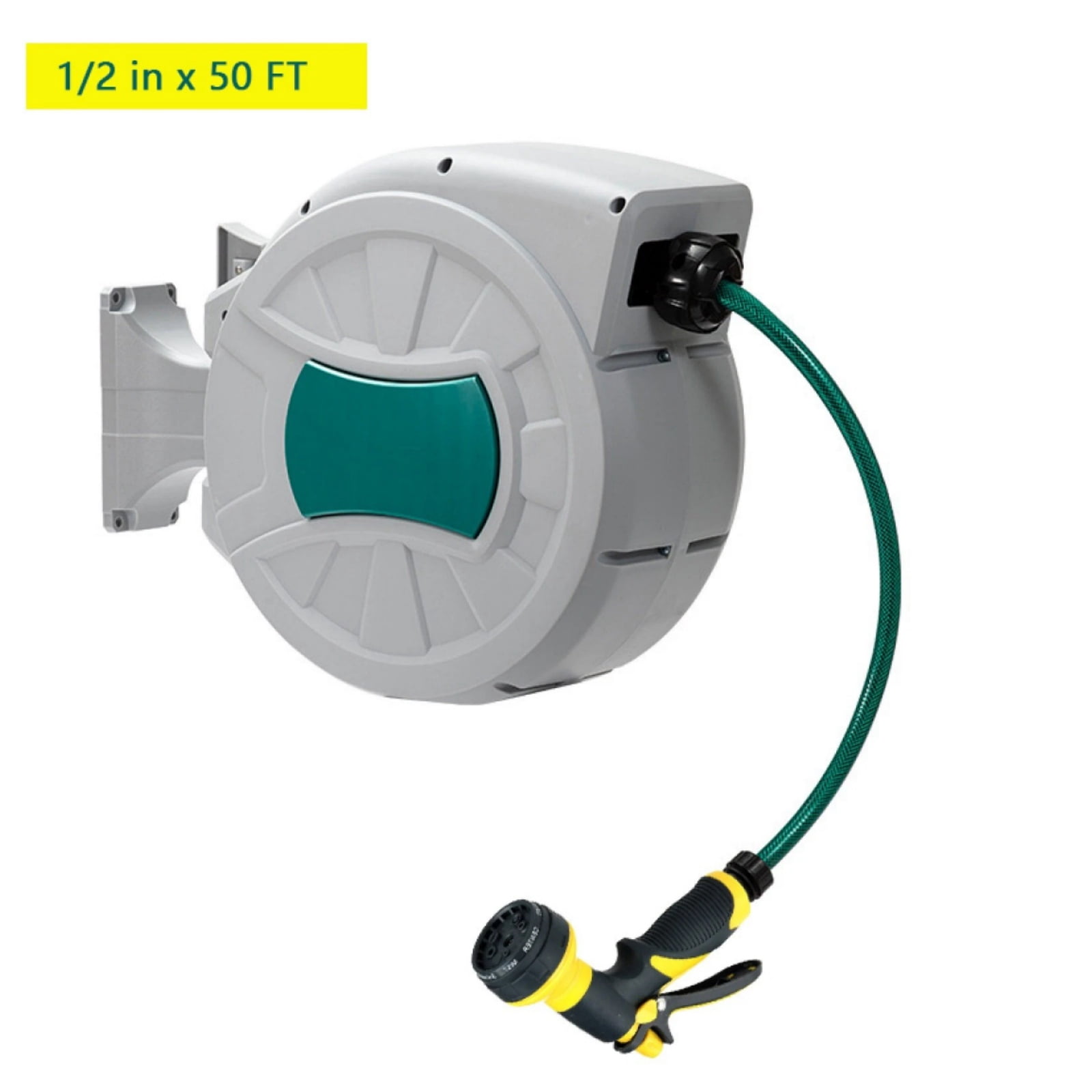 Wisykoke 1/2 in x 50 ft Retractable Garden Hose Reel, 180° Rotatable Wall-Mounted Water Hose Reel with 8-Pattern Spray Nozzle, Auto-Rewind