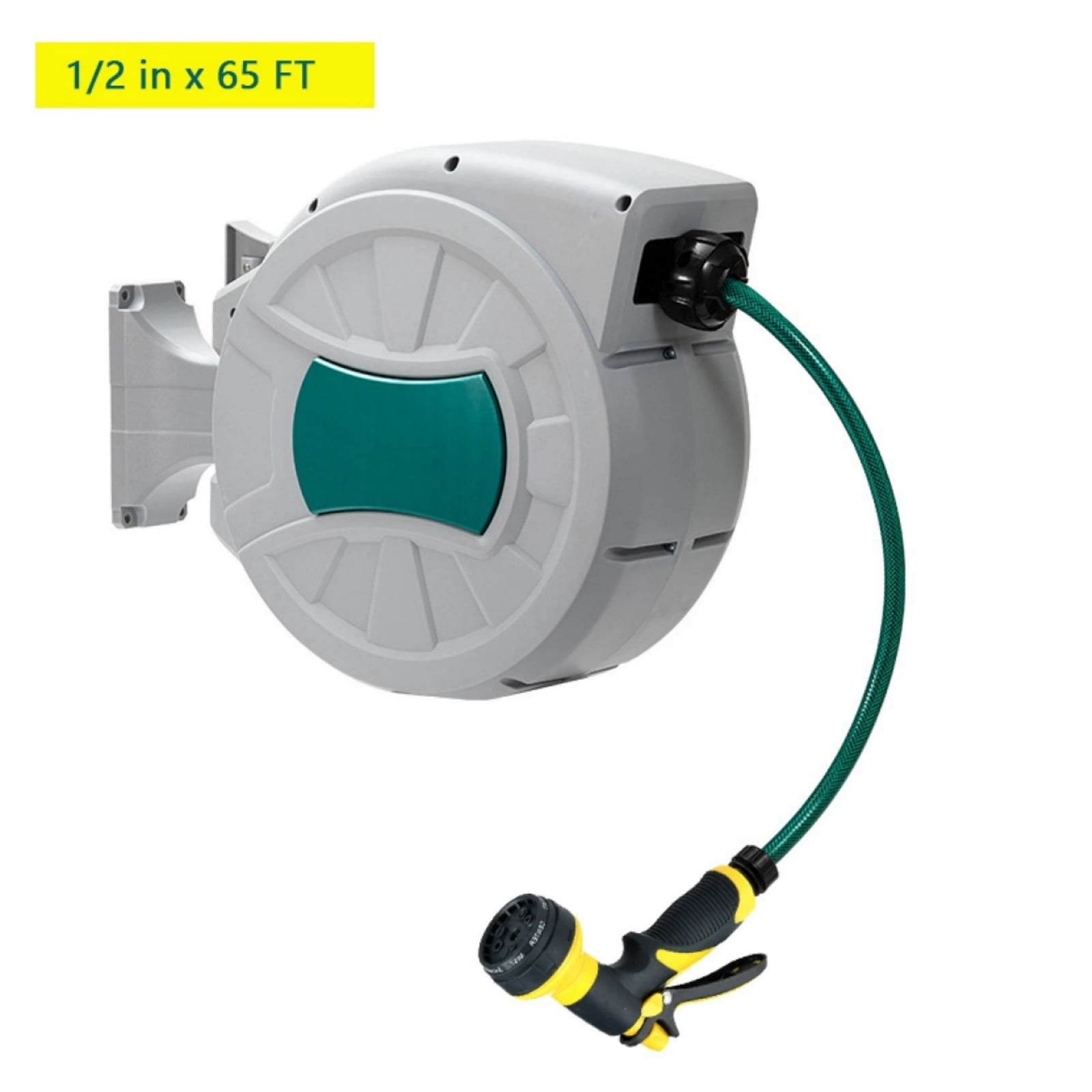 Wisykoke 1/2 in x 65 ft Retractable Garden Hose Reel, 180° Rotatable Wall-Mounted Water Hose Reel with 8-Pattern Spray Nozzle, Auto-Rewind