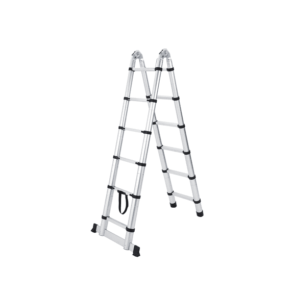 Wisykoke 12.5 ft Aluminium Telescopic Ladder Telescoping Extension Ladder Portable A Frame Collapsible Ladder w/ Non-Slip Feet and Stabilizers for Roofing Painting Outdoor Work, Silver