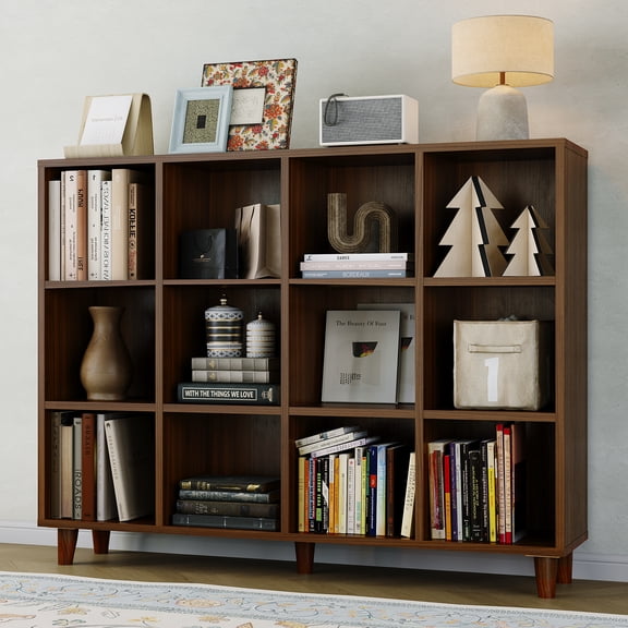 Wisykoke 12 Cube Bookshelf, Wooden Storage Organizer Shelf, Freestanding Open Bookcase, Display Cabinet Organizer with Base, for Living Room, Bedroom, Home Office
