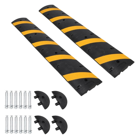Wisykoke 2 Pack 6Ft Rubber Speed Bumps with End Caps, 25000 Lbs Capacity Heavy Duty Modular 2-Channel Design, for Cable Protection On Asphalt, Concrete and Gravel Roads