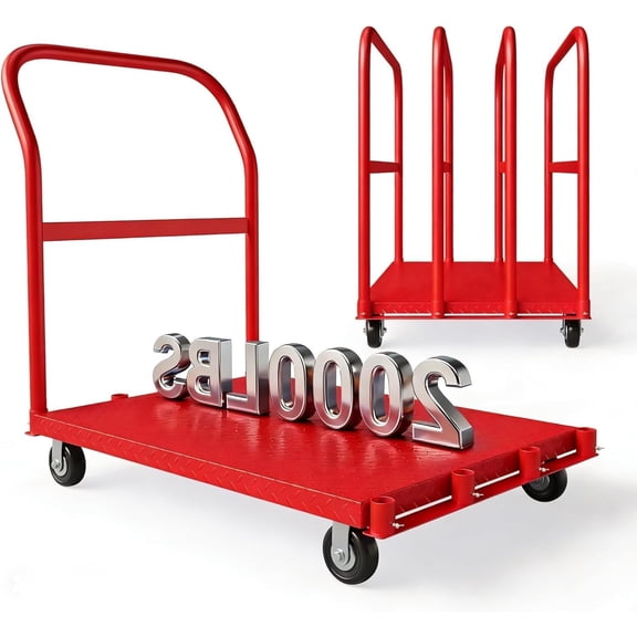 Wisykoke 2-in-1 Drywall Dolly Cart 2000LBS Capacity Panel Cart Dolly, 41x24 Inch Platform Truck with 1 Front and 4 Side Handrials, 5" Swivel Brake for Warehouse Garage Moving