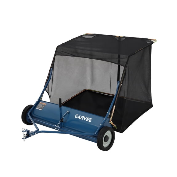 Wisykoke 44 Inch Tow Behind Lawn Sweeper, 29 Cu. Ft Heavy Duty Large Leaf Grass Collector, ToolFree Adjustable Brush Height, Dumping Rope for Riding Mower, Yard Driveway Sidewalk Debris Cleanup