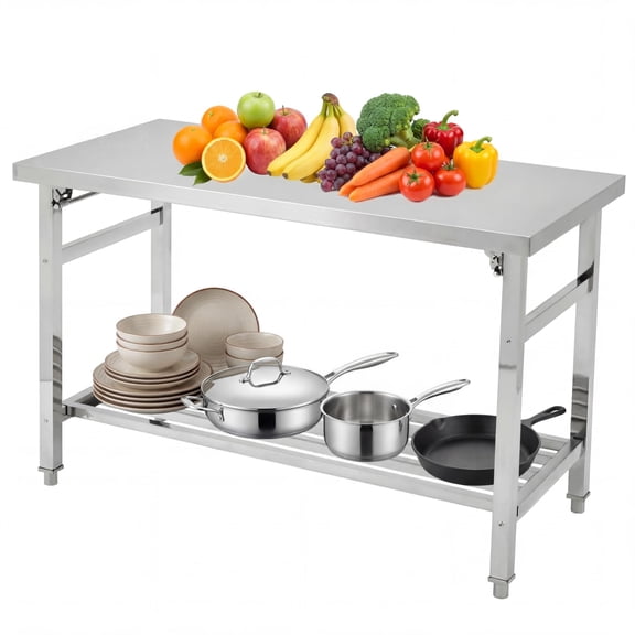 Wisykoke 48" x 24" Stainless Steel Commercial Work Table with Adjustable Undershelf Folding Prep Table for Restaurant, Kitchen, Food Service, Space-Saving, No Installation Required