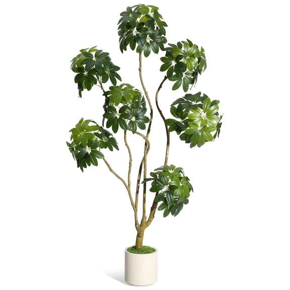 Wisykoke 5 ft Tall Fake Plant Indoor Faux Floor Tree Fake Trees in White Planter with Multiple Trunks, Artificial Umbrella Schefflera Tree for Home Offices Porch Decor