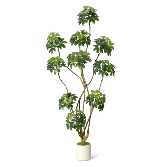 Wisykoke 7 ft Tall Fake Plant Indoor, Faux Floor Tree Fake Trees in Decorative White Planter with Multiple Trunks Design, Artificial Umbrella Schefflera Tree for Home Offices Porch Decor