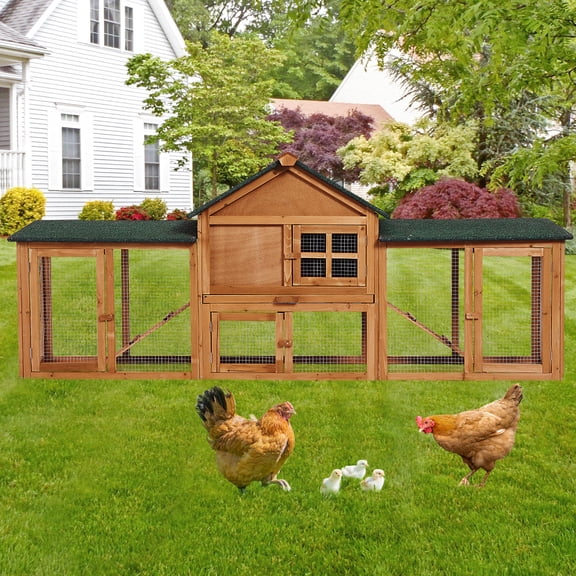 Wisykoke 80" Wooden Chicken Coop, Bunny Cage Rabbit Hutch Guinea Pig Pet House with Double Side Runs, Weatherproof Roof, Removable Tray, Ramps for Small Animals