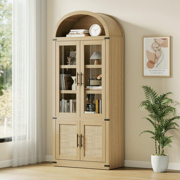 Wisykoke Arched Bookcase with Glass & Rattan Doors Modern 6-Tier Bookshelf with Storage Wooden Display Cabinet Farmhouse Storage Shelves for Living Room Office