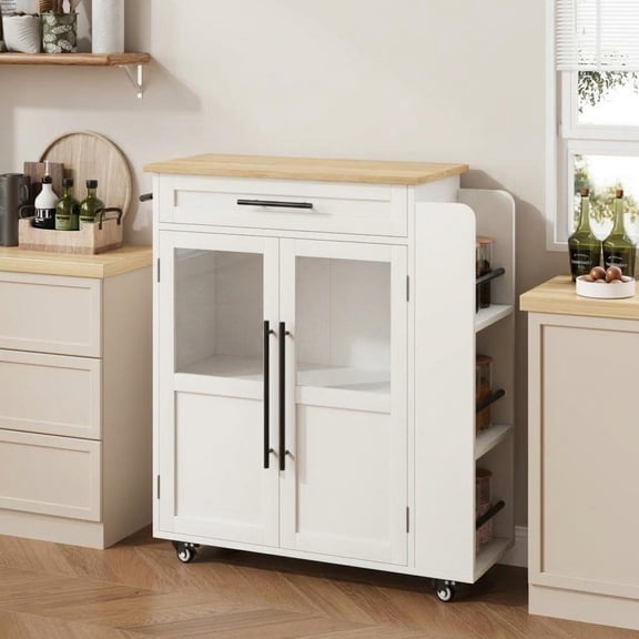 Wisykoke Farmhouse Kitchen Island on Wheels, Mobile Cart with Glass Cabinet Door, 3-Tier Spice Rack & Towel Hooks, Rustic Storage Cart for Dining Room