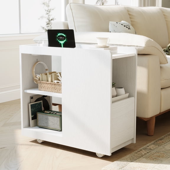Wisykoke Mobile Sideboard with Charging Station, Bedside Table Cabinet with Drawer, Adjustable Shelf, 2 AC Outlets, USB & Type-C Ports, Lockable Wheels, for Dining Room, Bedroom, Kitchen