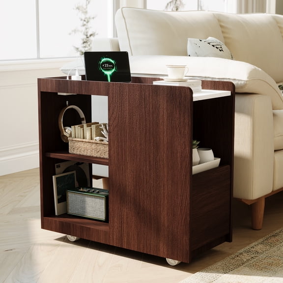 Wisykoke Mobile Sideboard with Charging Station, Bedside Table Cabinet with Drawer, Adjustable Shelf, 2 AC Outlets, USB & Type-C Ports, Lockable Wheels, for Dining Room, Bedroom, Kitchen