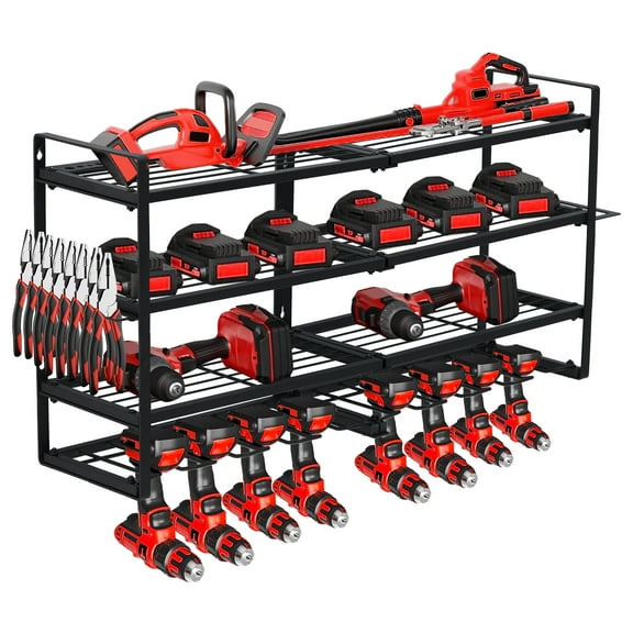 Wisykoke Power Tool Organizer Wall Mount 4‑Layer Drill Storage Shelf with 8 Drill Holders and Drill Bit Rack, 400 lbs Load Capacity for Garage Workbench