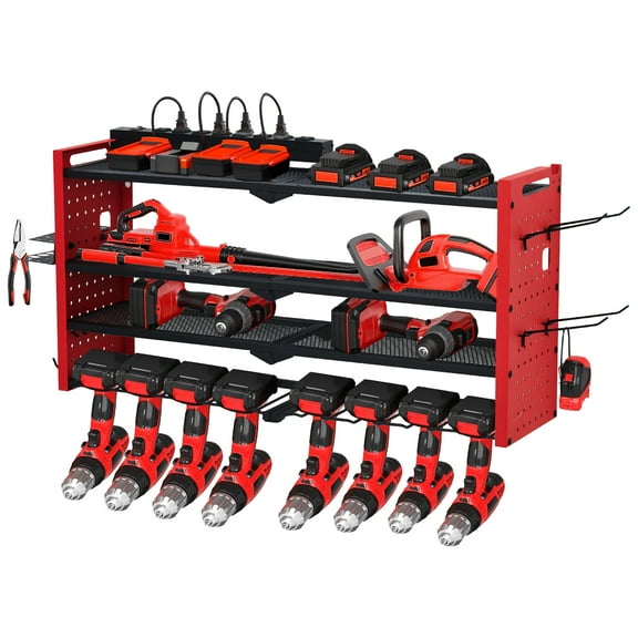 Wisykoke Power Tool Organizer Wall Mount with Charging Station, 4-Layer Garage Rack Metal Loads 400lbs, 8 no cord Drill Storage Shelf with Hooks, Drill Bit Shelf Storage for Garage