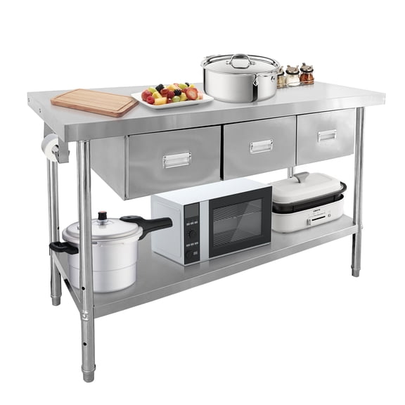 Wisykoke Stainless Steel Table with Drawers, 59"x23.6"x35.4" Commercial Work Tables with Undershelf & Paper Towel Holder, Kitchen Prep Table for Home Restaurant Garage, Commercial Workbench