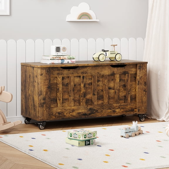 Wisykoke Storage Chest, Wooden Storage Bench with 4 Wheels, 39.4" Storage Trunk with 2 Safety Hinges, Supports 350 LBS, Round Corner, U-Shape Cutout, for Entryway, Living Room