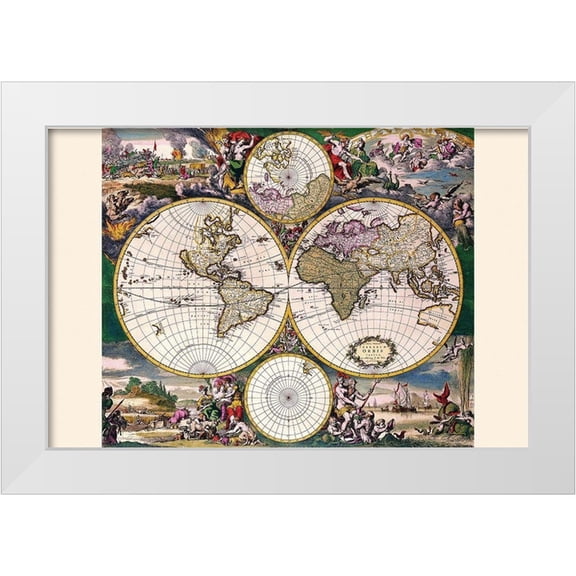 Wit, Frederik De 14x11 White Modern Wood Framed Museum Art Print Titled - Stereographic Map of the World with Polar projections