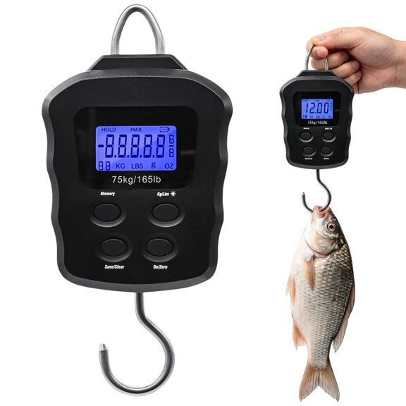 WitUser Waterproof Fishing Scale Hanging Scales Precision Measurement 75kg / 165lb with Hook Luggage Weight Scale LCD Display Digital Hanging Scale Fishing Supplies Portable Scale