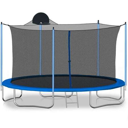Witaxima 12FT Trampoline for Adults & Kids with Basketball Hoop, Safety Enclosure Net, Ladder, Blue Outdoor Trampoline, Max Load 200LBS