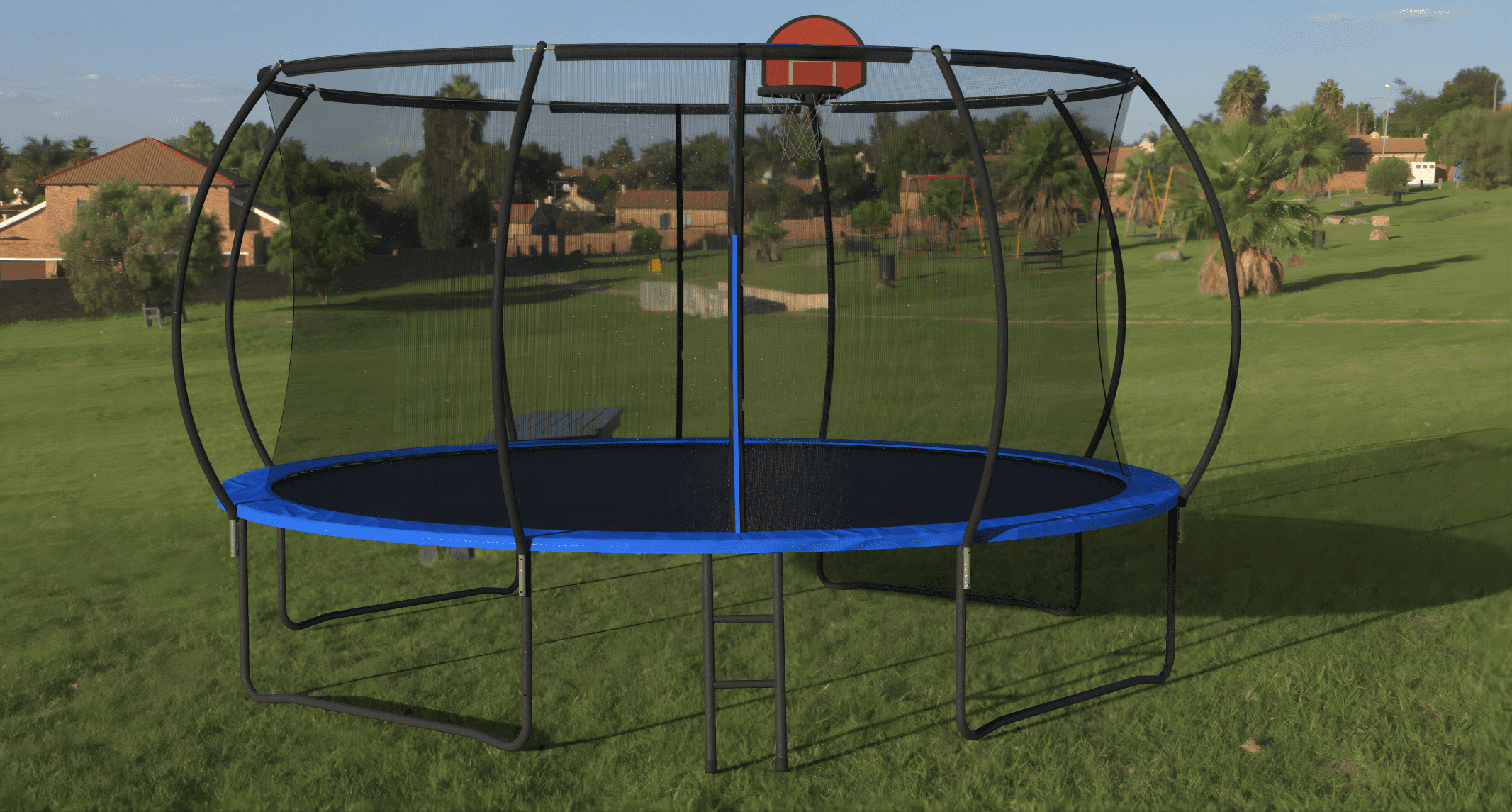 Witaxima 14 FT Pumpkin Trampoline with Basketball Hoop, Enclosure Net & Ladder, Outdoor Trampoline for Kids & Adults, Black+Blue, 168in Diameter, 102in Height