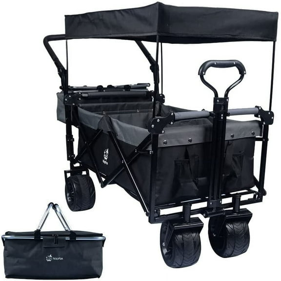 Witaxima 140L Collapsible Wagon with Removable Canopy & Cooler Bag, All-Terrain Foldable Cart with Brake, Adjustable Handle, 220lbs Capacity, Black+Gray