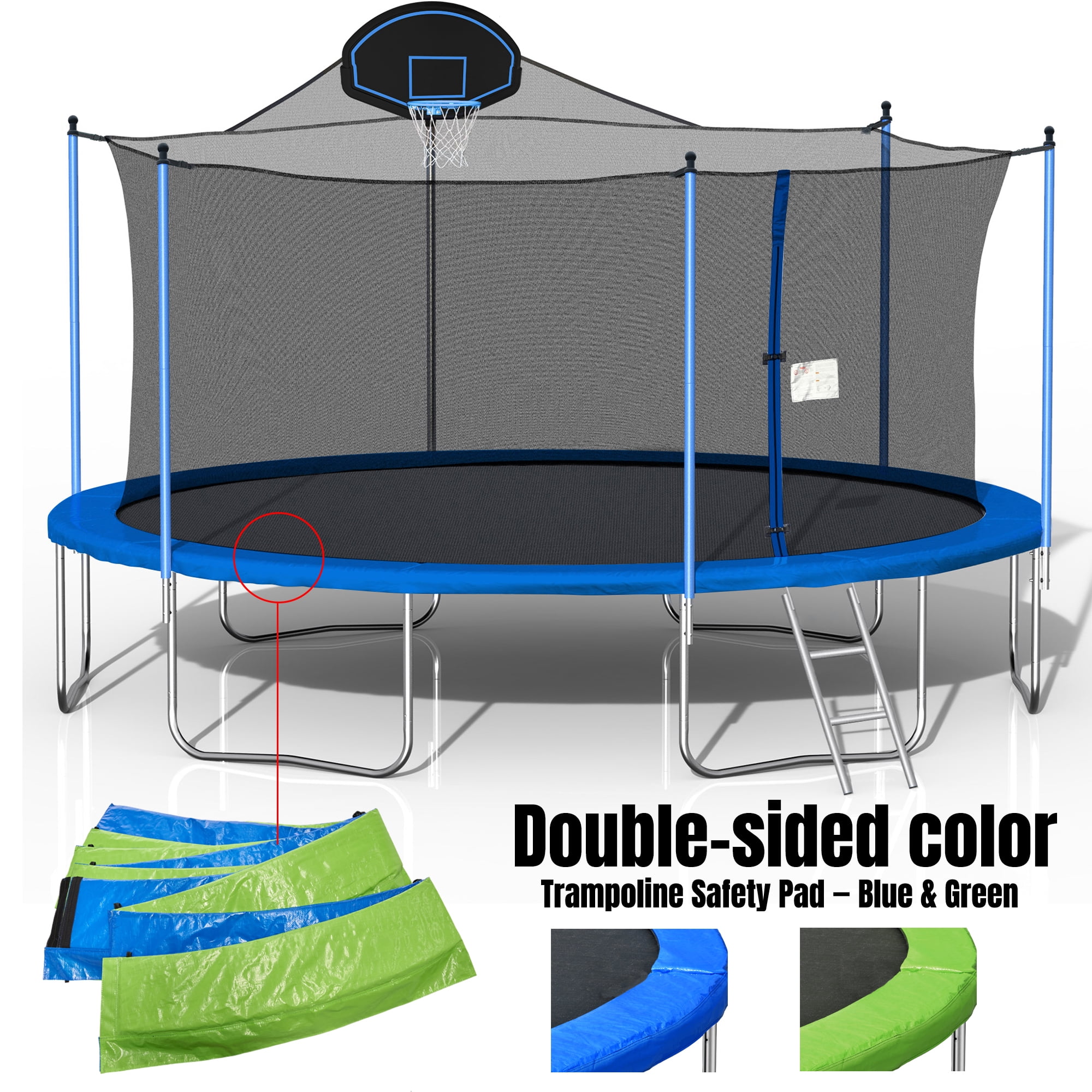 Witaxima 16FT Trampoline with Basketball Hoop, Double-Sided Blue/Green Cover, Safety Enclosure Net & Ladder, Outdoor Trampoline for Kids and Adults, 330 lbs Weight Capacity