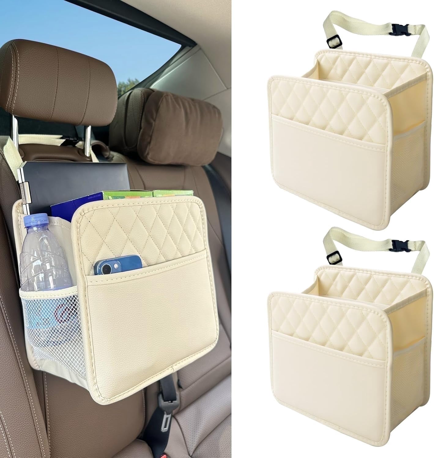 Witaxima 2 Pack Beige Car Trash Bag Hanging, 2.14 Gal Car Trash Can with Storage Pockets, PU Leather Backseat Organizer for Cars, SUVs, Trucks