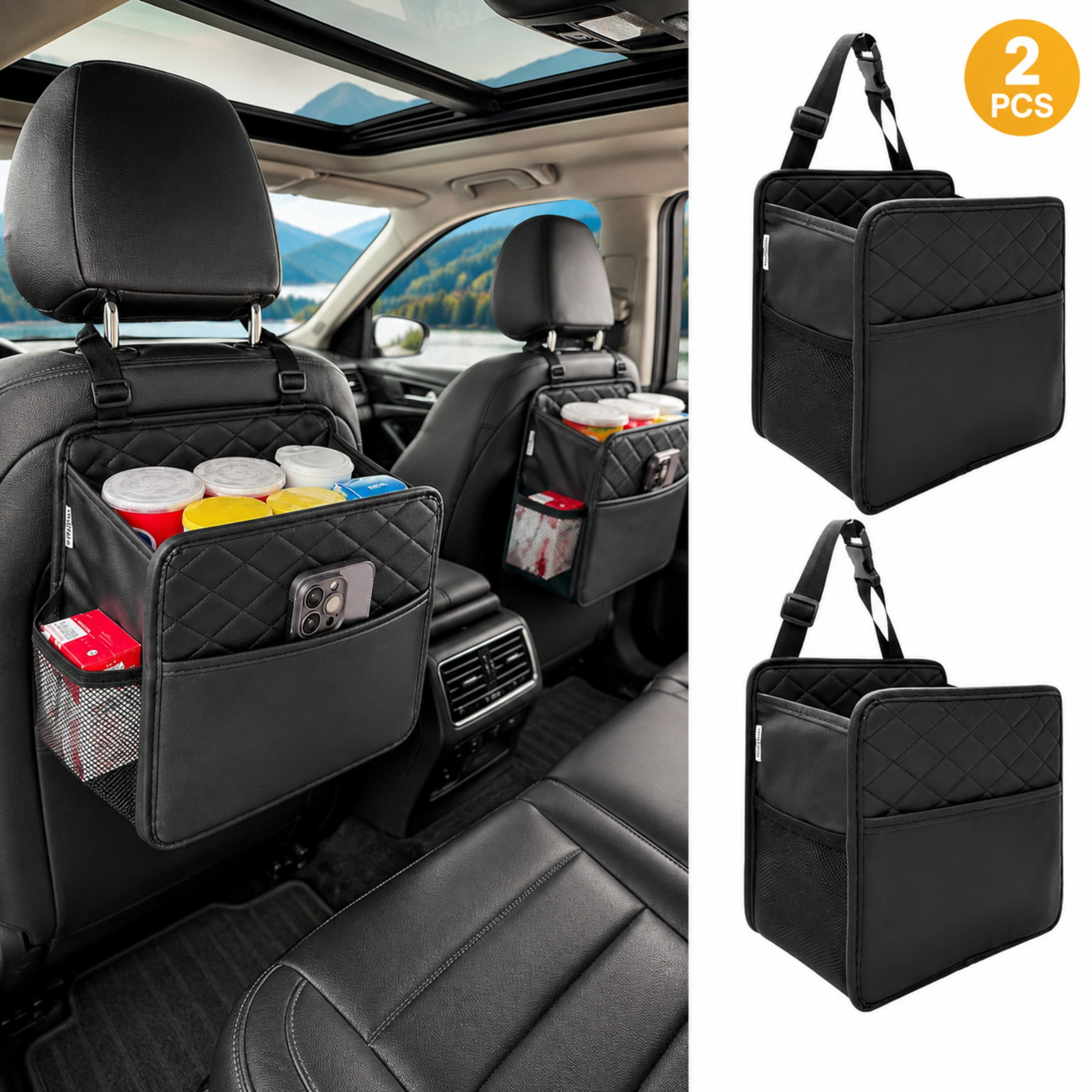 Witaxima 2 Pack Car Trash Bag Hanging, 2.14 Gal Car Trash Can with Storage Pockets, PU Leather Backseat Organizer for Cars, SUVs, Trucks, Black