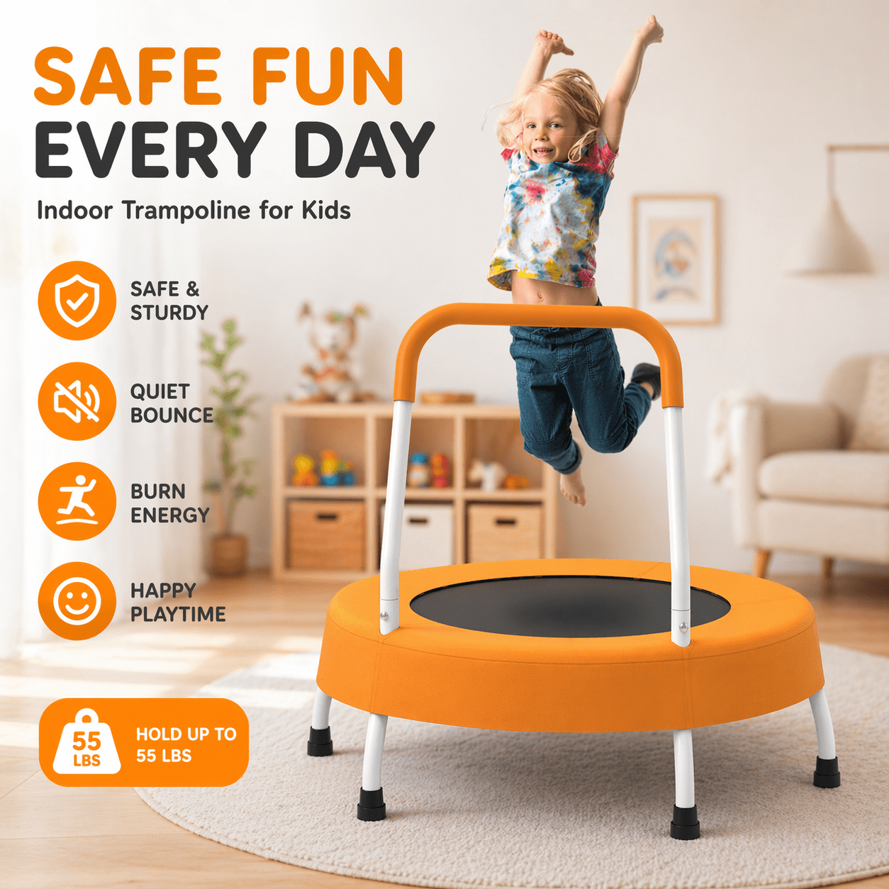 Witaxima 28" Toddler Trampoline with Handle for Kids 1 Year Plus, No-Gap Safety Design, Quiet Bungee Mini Trampoline for Boys & Girls, Best Energy-Burner First Birthday Gift, Indoor/Outdoor, Orange