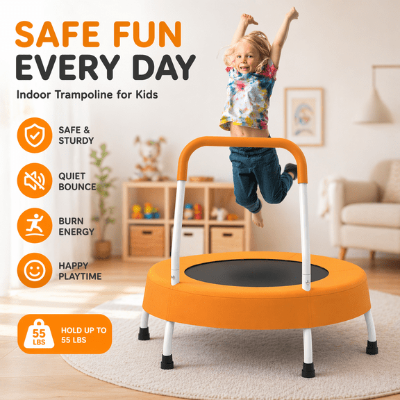 Witaxima 28" Toddler Trampoline with Handle for Kids 1 Year Plus, No-Gap Safety Design, Quiet Bungee Mini Trampoline for Boys & Girls, Best Energy-Burner First Birthday Gift, Indoor/Outdoor, Orange