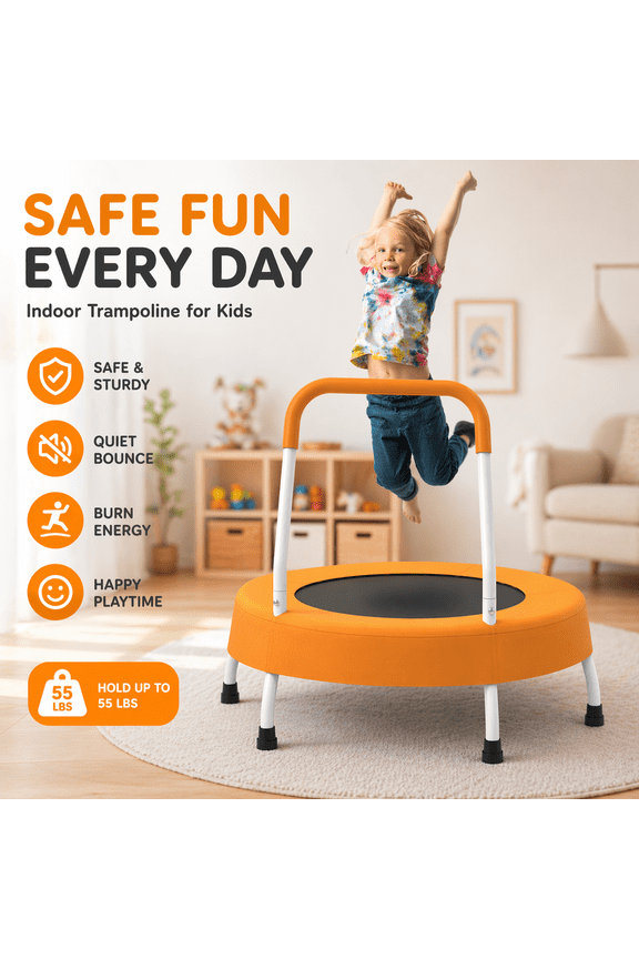 28" Toddler Trampoline with Handle for Kids 1 Year Plus, No-Gap Safety Design, Quiet Bungee Mini Trampoline for Boys & Girls, Best Energy-Burner First Birthday Gift, Indoor/Outdoor, Orange