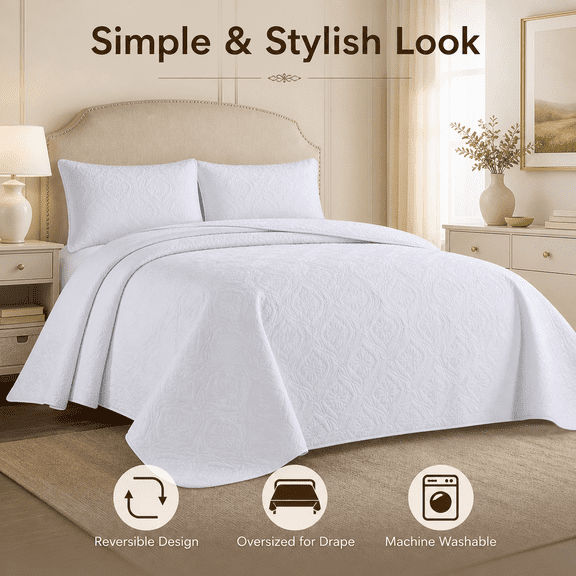 Witaxima 3 Piece Reversible Bedspread Set White Full/Queen, Oversized Quilted Medallion Design, Hypoallergenic Polyester Filling, Ultra-Soft Microfiber, Machine Washable