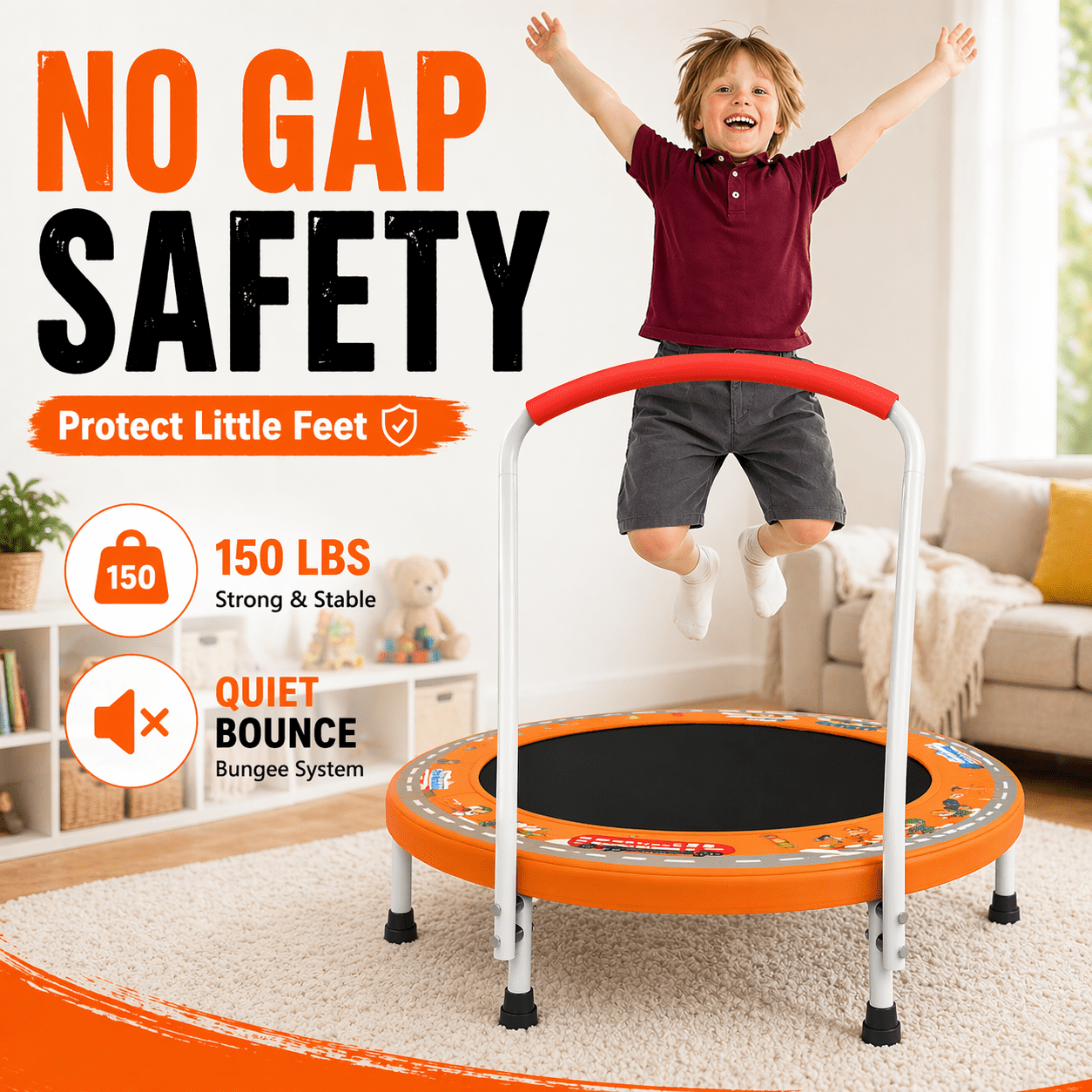 Witaxima 36" Mini Trampoline with Handle for Kids Ages 1-6, 150 lbs Max Capacity, No-Gap Safety Design with Upgraded Anti-Rollover Handle, Indoor Outdoor Bungee Toddler Trampoline, Fun Print, Orange