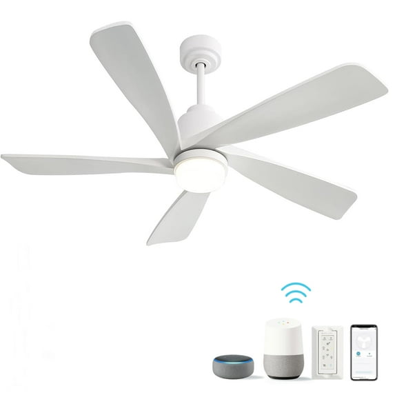 Witaxima 52 Inch Smart Ceiling Fan with Remote, Dimmable LED Light Kit, 5 Wood Blades, DC Motor, Reversible for Indoor Use, White