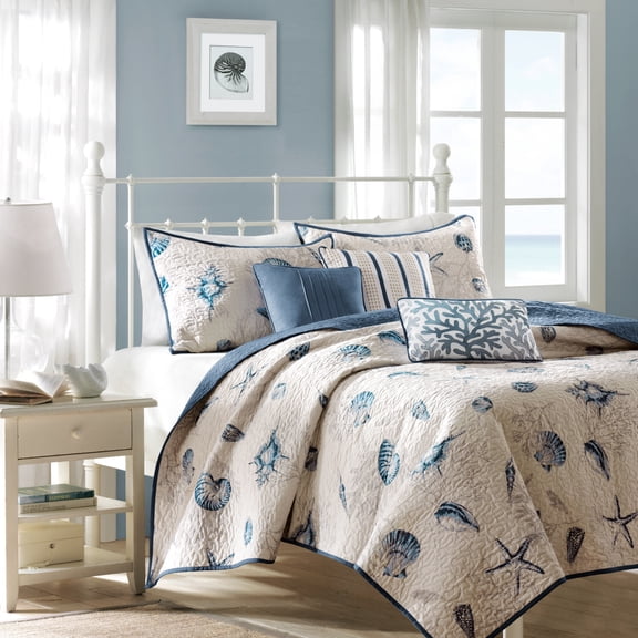 Witaxima 6-Piece Blue Full/Queen Quilt Set, Brushed Microfiber Reversible Bedding with Decorative Pillows, Coastal Theme