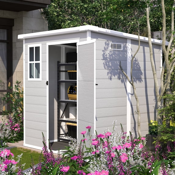 Witaxima 6x6 FT Outdoor Storage Shed, Waterproof Resin Tool Shed with Lockable Doors, Floor, Window & Vents, All-Weather Light Grey Garden Shed for Bike, Lawn, Backyard