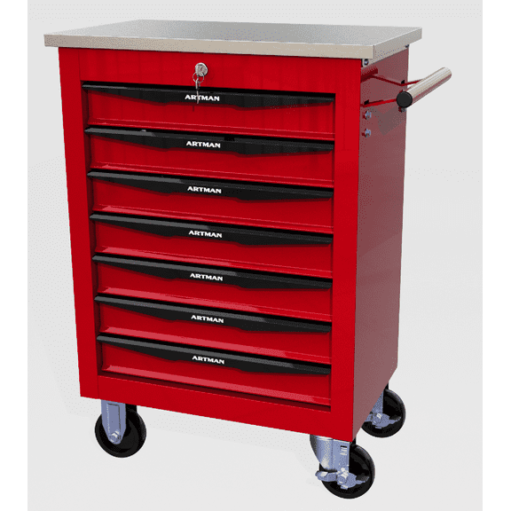 Witaxima 7-Drawer Rolling Tool Cart with Stainless Steel Top, 22.28x13.58x30.71 Inch Multifunctional Garage Storage Cart, Heavy-Duty Steel Construction, Red & Black