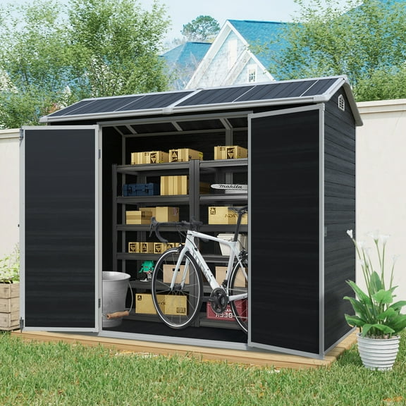 Witaxima 8 ft x 4 ft Outdoor Storage Shed with Two-Window & Double-Door, Heavy-Duty Plastic Garden Shed with Floor for Patio, Yard, Lawn, Black (W540S00046)