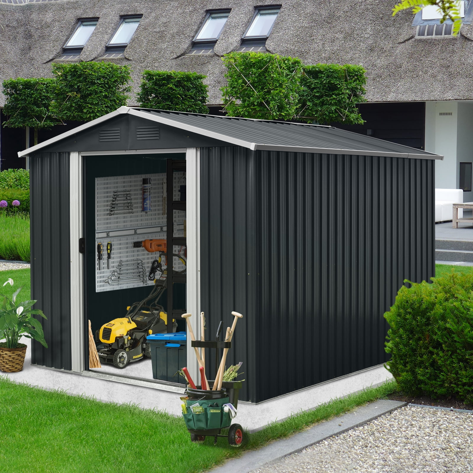 Witaxima 8ft x 10ft Outdoor Metal Storage Shed with Metal Foundation ...