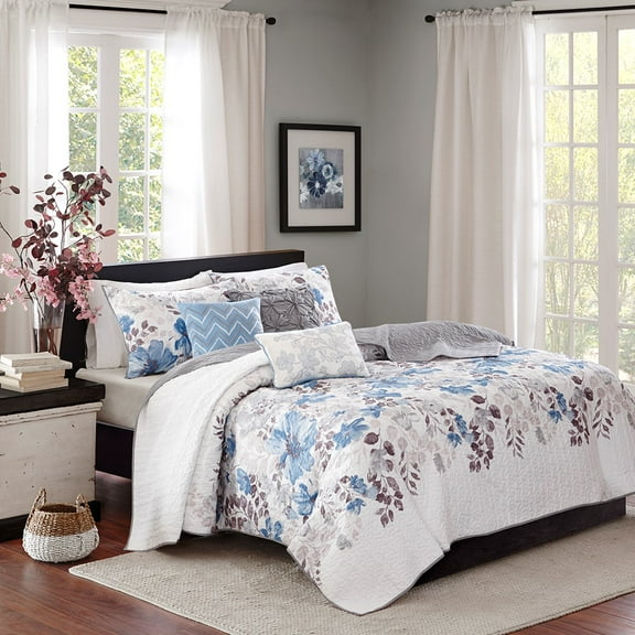 Witaxima Blue Full/Queen 6 Piece Quilt Set, Reversible Microfiber Bedding with Floral Print and Throw Pillows