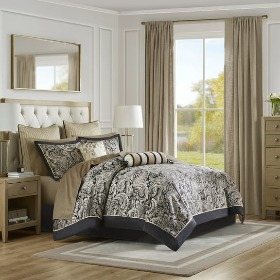 Witaxima Cal King 12-Piece Bedding Set with Cotton Sheets, Black and Gold Paisley Comforter Set for Elegant Bedrooms