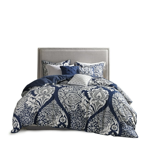 Witaxima Cal King 7-Piece Printed Comforter Set in Indigo, Cotton Damask Bedding with Embroidered Pillows