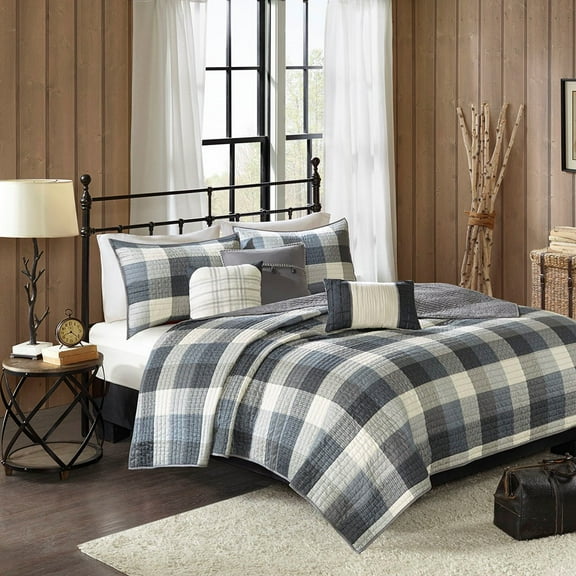 Witaxima Full/Queen 6-Pc Printed Herringbone Quilt Set Grey with Throw Pillows & Buffalo Plaid