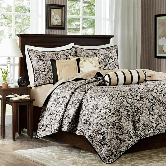 Witaxima Full/Queen 6-Piece Black Jacquard Quilt Set with Decorative Pillows, Reversible Bedding Collection