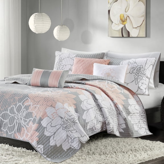 Witaxima Full/Queen 6-Piece Printed Cotton Quilt Bedding Set with Decorative Pillows, Grey and Peach, Reversible Design