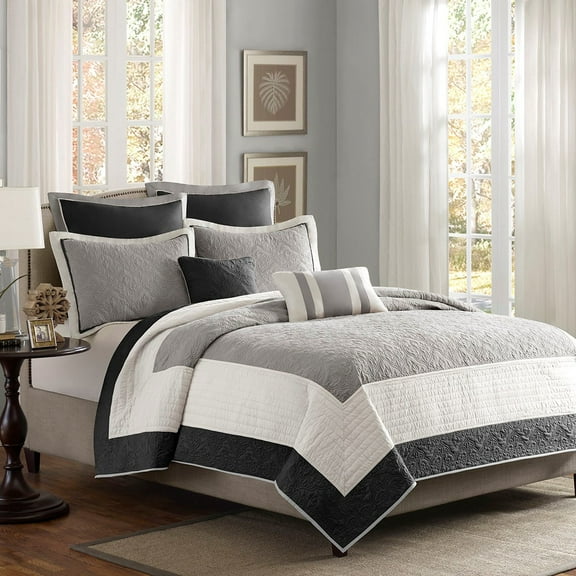 Witaxima Full/Queen 7-Piece Quilt Set with Euro Shams, Black Grey Ivory, Reversible Bedding